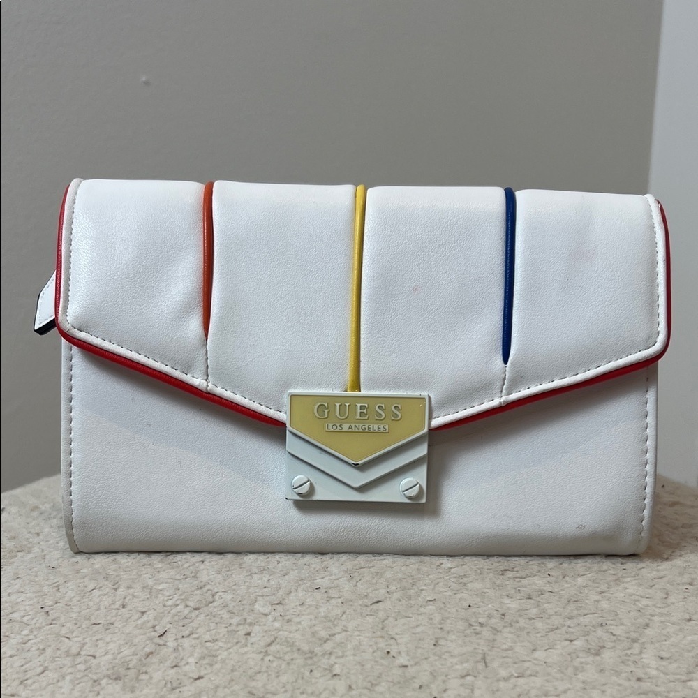 GUESS White Wallet with Colorful Stripes.